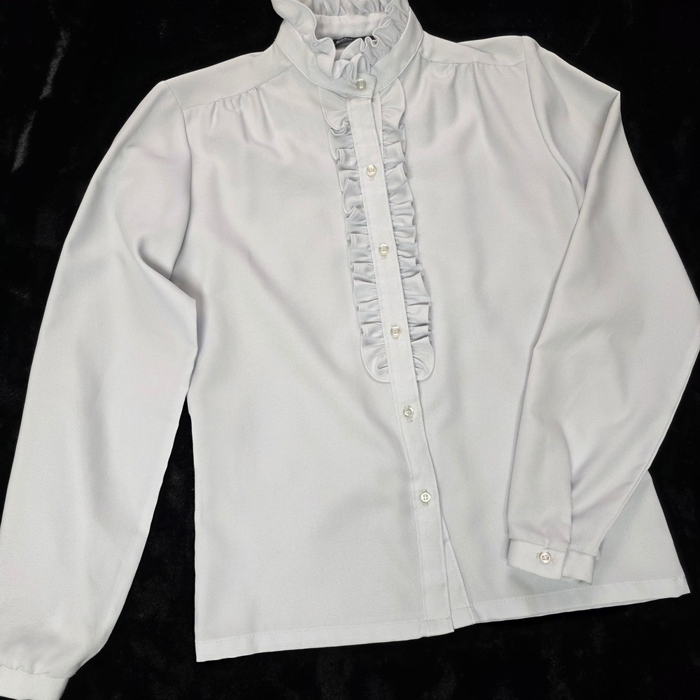 Dova Ruffle Blouse Womens 10 Light Blue Vintage High‎ Neck Tuxedo Top EUC